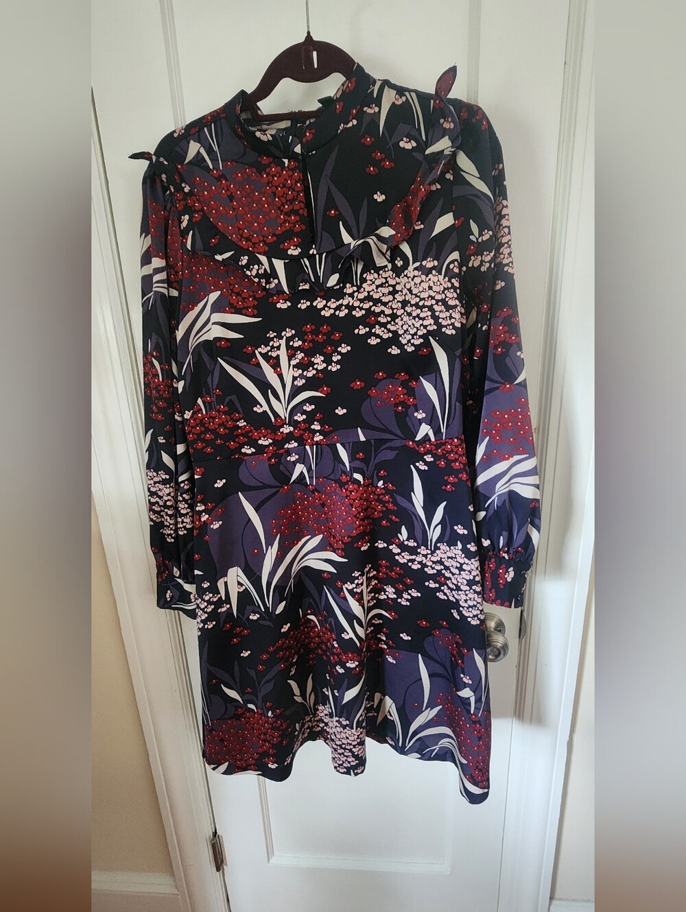 Ann Taylor Navy Floral Long-Sleeve Dress with Red Accents
